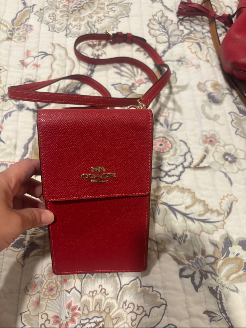 Coach Red Leather Crossbody Phone Pouch with Gold Logo - Picture 4 of 5